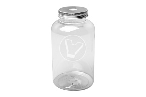 Round bottle with a wide neck, without cap, transparent, 300 ml
