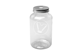 Round bottle with a wide neck, without cap, transparent, 200 ml
