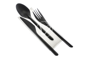 Set "Premium" 4/1, black (fork, spoon, knife, white napkin)