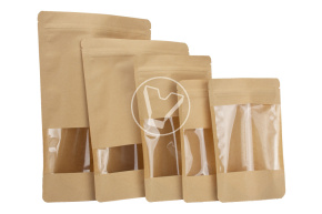 Пакет бумажный дой-пак с замком зип-лок, 200*300 мм (45+45), с окном 70 мм,140 мкм, крафт