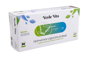 Перчатки виниловые, прозрачные, размер М, VerdeVita