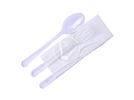 Set "Premium" 4/1, transparent (fork, spoon, knife, white napkin)